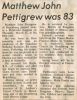 Pettigrew, Matthew John obituary