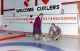 CHx-Cobden Curling Club -opening of new rink, 1982; Murray Sly president throwing stone; Fay Bennett, ladies president, sweeping