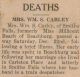 Carley, Mrs. Wm S. death
